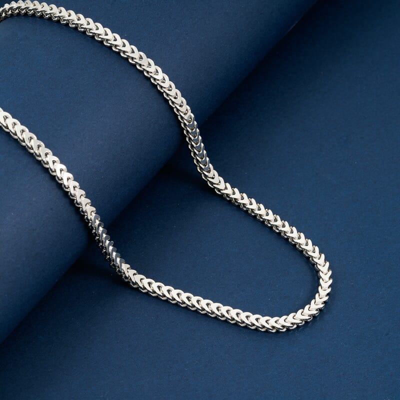 Italian 3.50 Square Wheat Chain Necklace in Rhodium Over Sterling Silver 21.60 Grams 30 Inches