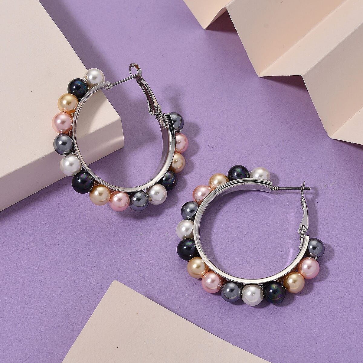 Doorbuster Multi Color Shell Pearl Earrings in Stainless Steel image number 1