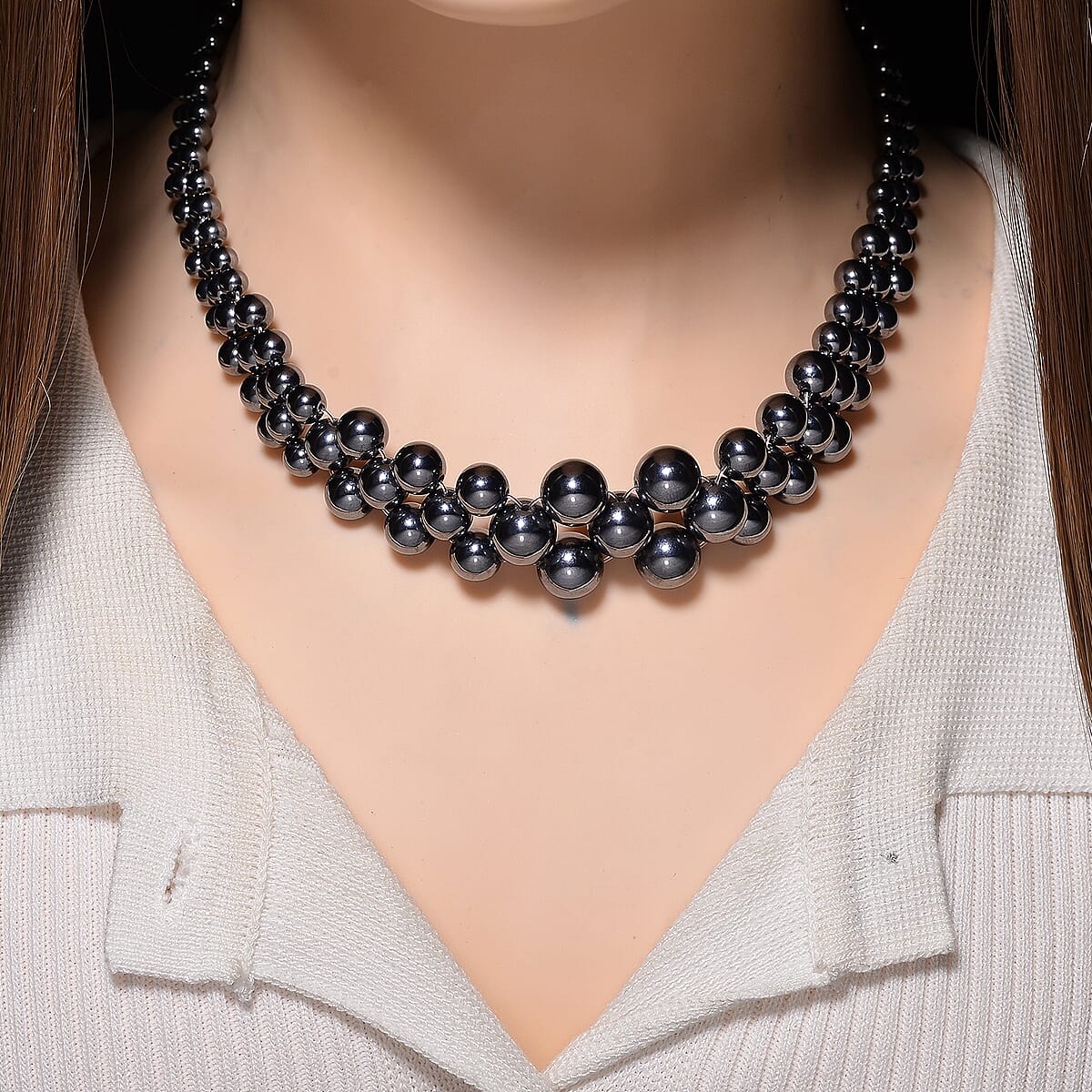 Doorbuster Terahertz 200.00 ctw Beaded Bubble Choker Necklace in Stainless Steel 16-20 Inches image number 2