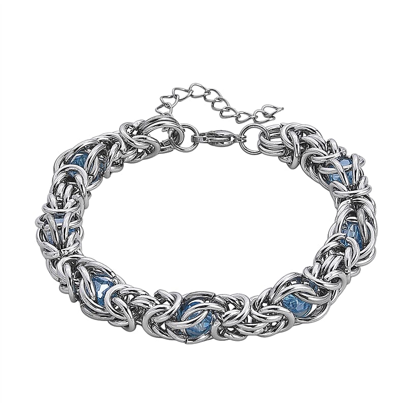 Blue Magic Color Glass Interlock Weave Chain Bracelet in Stainless Steel (8-10In)
