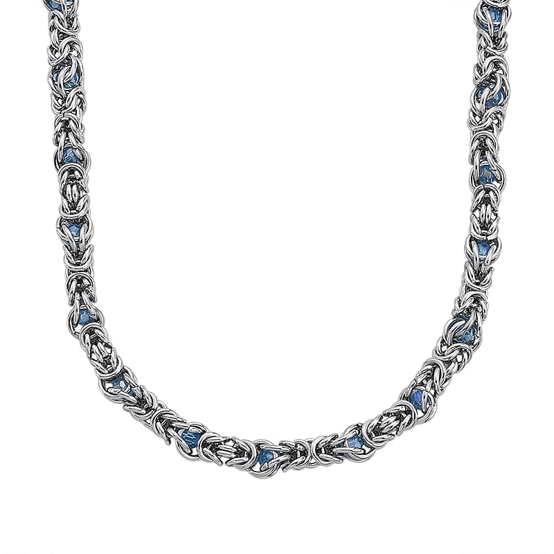 Blue Magic Color Glass Interlock Weave Chain Necklace in Stainless Steel (20-22 Inches)