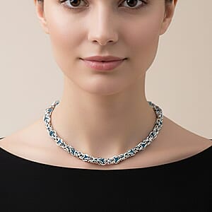 Blue Magic Color Glass Interlock Weave Chain Necklace in Stainless Steel (20-22 Inches)