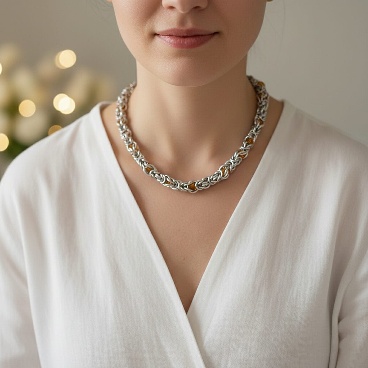 Champagne Magic Color Glass Interlock Weave Chain Necklace in Stainless Steel 20-22 Inches image number 2