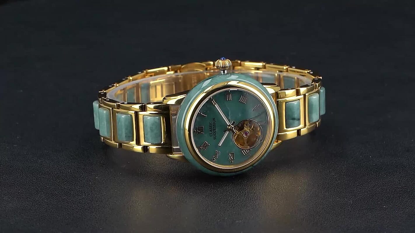 Classic Succession Olmec Jadeite Japanese Movement Watch in ION Plated YG Stainless Steel 80.00 ctw
