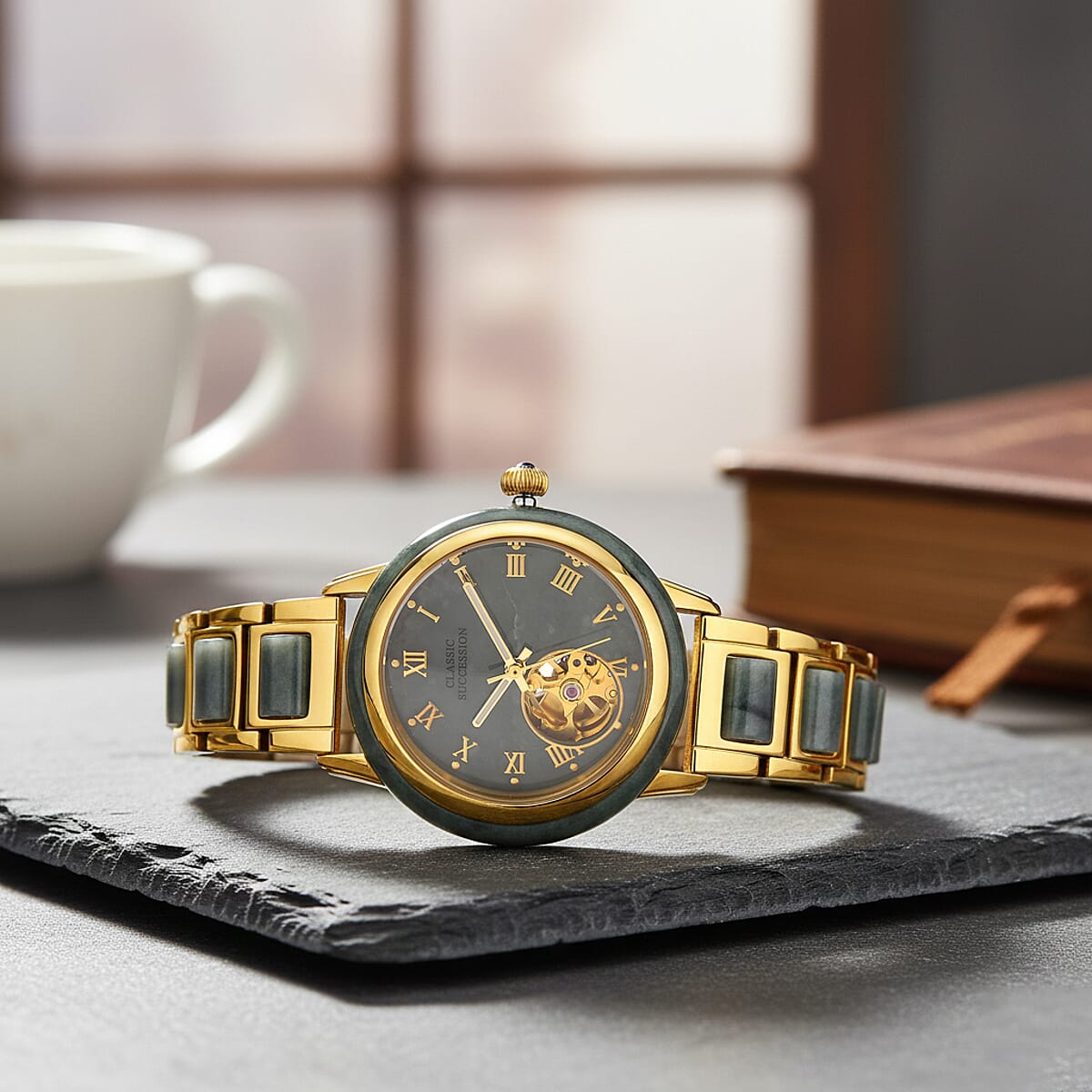 Classic Succession Olmec Jadeite Japanese Movement Watch in ION Plated YG Stainless Steel 80.00 ctw image number 1