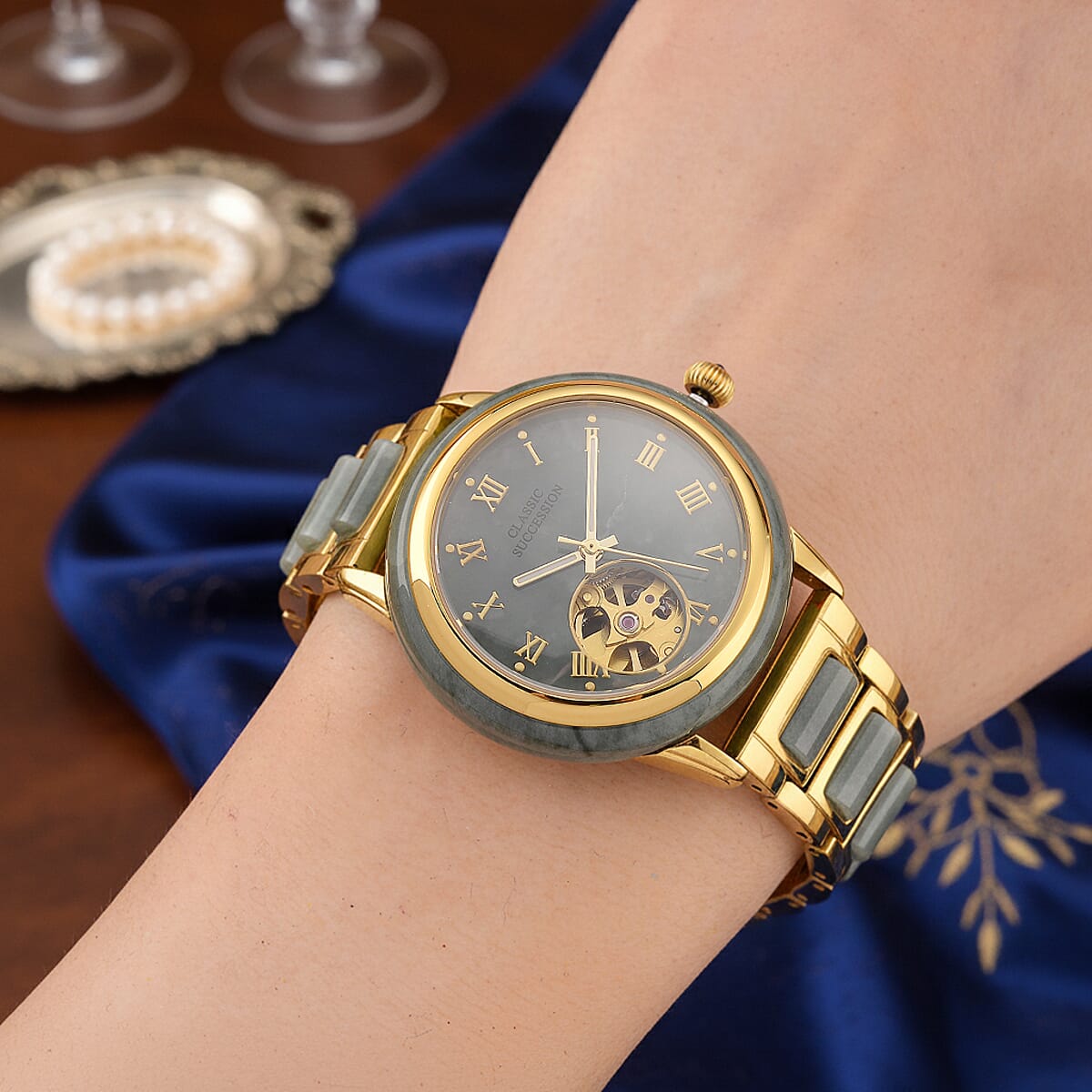 Classic Succession Olmec Jadeite Japanese Movement Watch in ION Plated YG Stainless Steel 80.00 ctw image number 2