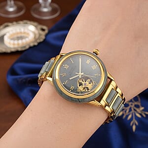 Classic Succession Olmec Jadeite Japanese Movement Watch in ION Plated YG Stainless Steel 80.00 ctw