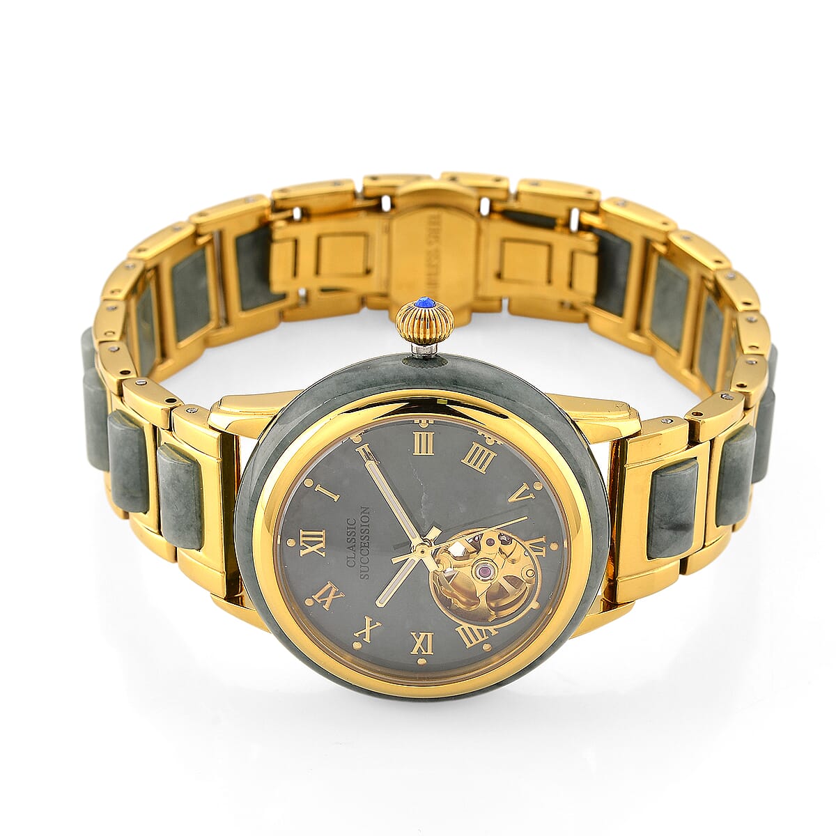 Classic Succession Olmec Jadeite Japanese Movement Watch in ION Plated YG Stainless Steel 80.00 ctw image number 4