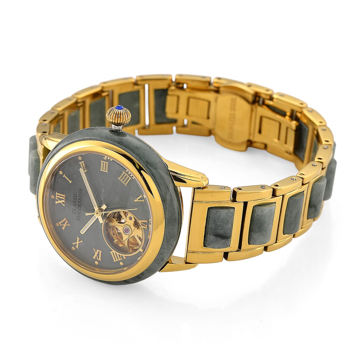 Classic Succession Olmec Jadeite Japanese Movement Watch in ION Plated YG Stainless Steel 80.00 ctw image number 5