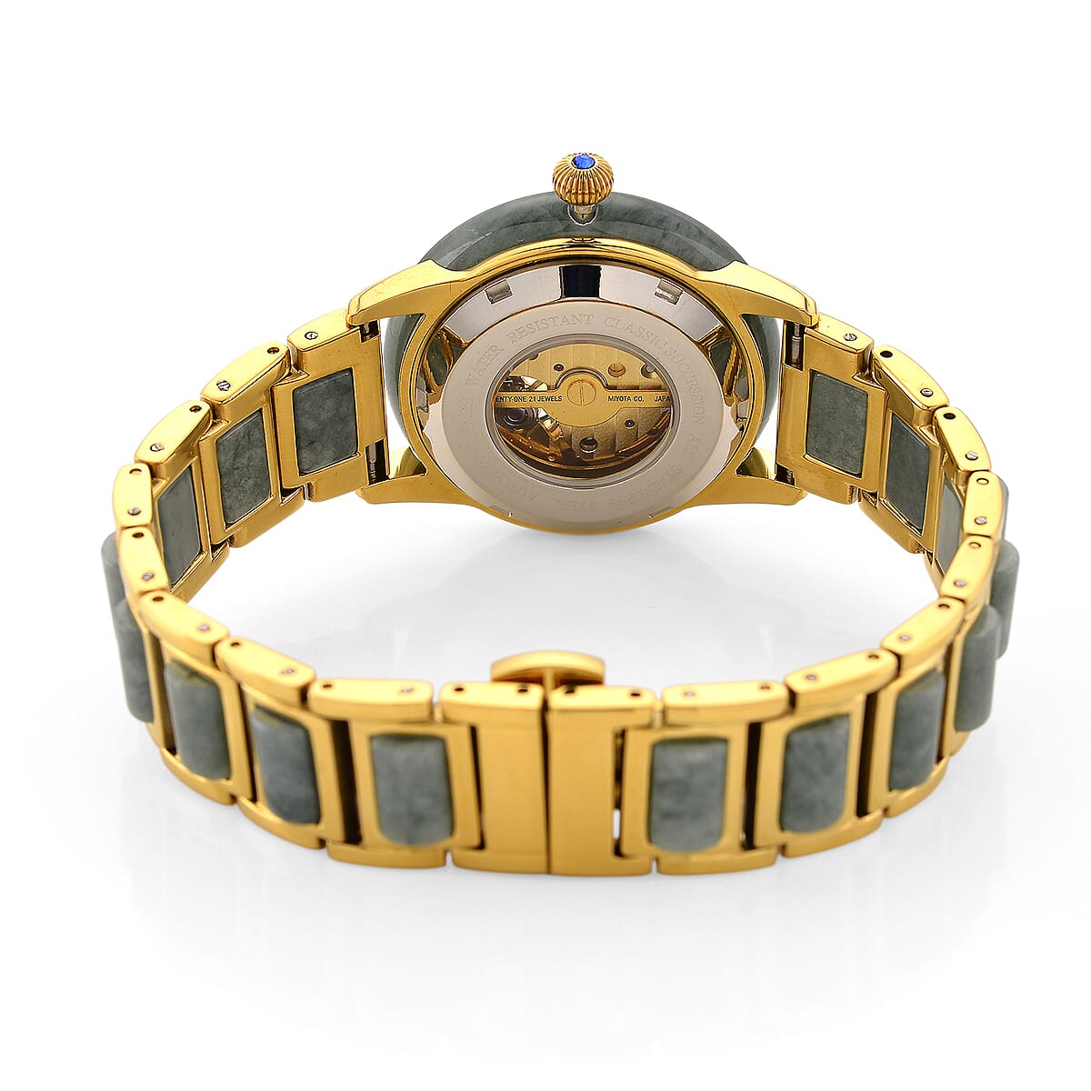 Classic Succession Olmec Jadeite Japanese Movement Watch in ION Plated YG Stainless Steel 80.00 ctw image number 6