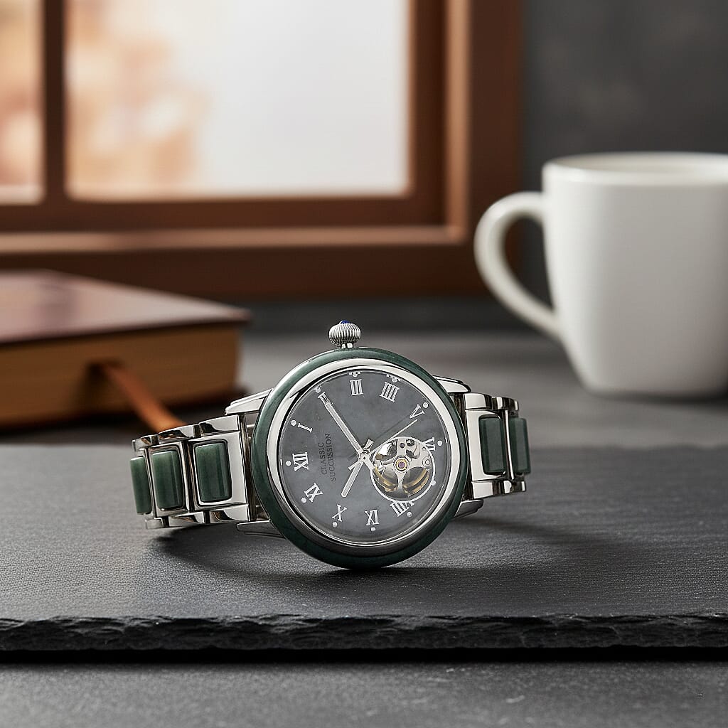 Classic Succession Olmec Jadeite Japanese Movement Watch in Stainless Steel 80.00 ctw