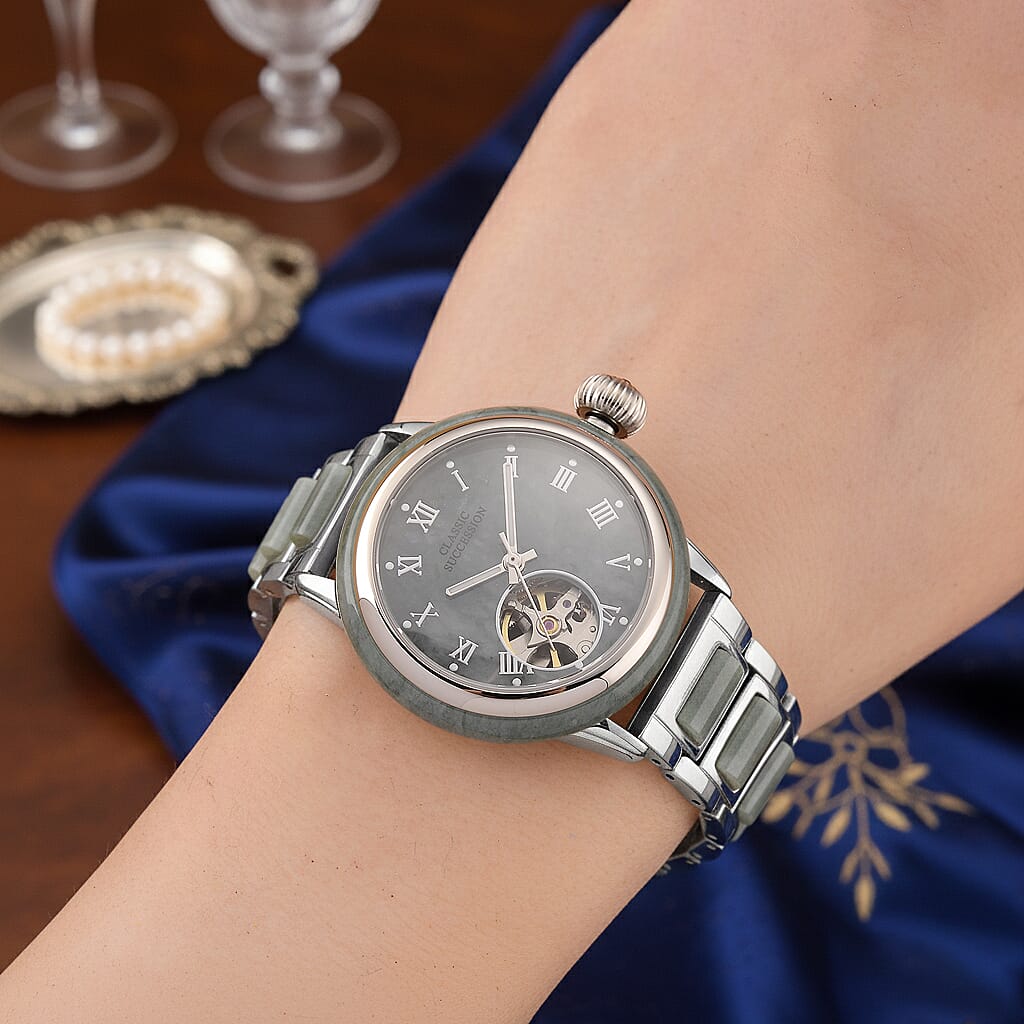 Classic Succession Olmec Jadeite Japanese Movement Watch in Stainless Steel 80.00 ctw