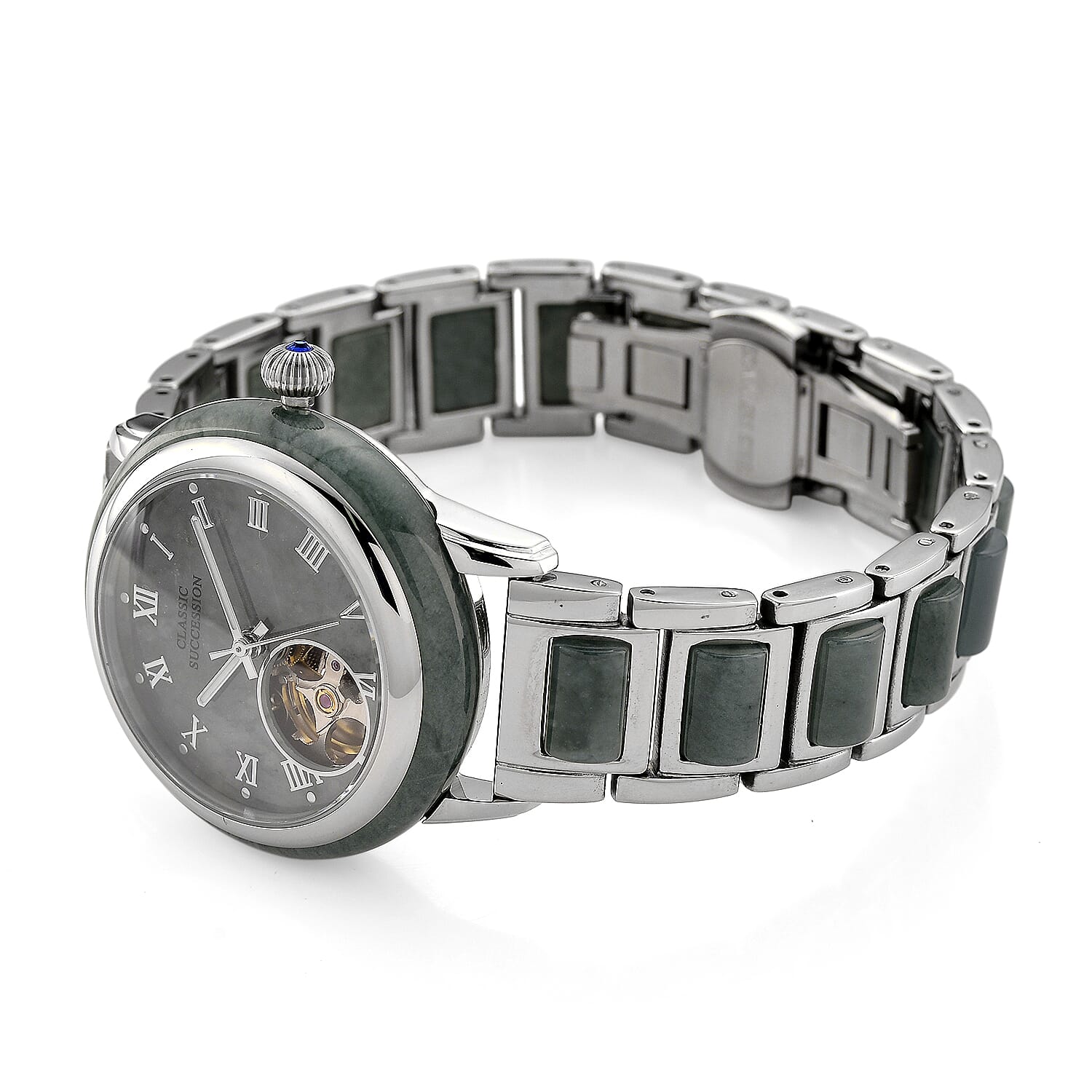 Classic Succession Olmec Jadeite Japanese Movement Watch in Stainless Steel 80.00 ctw