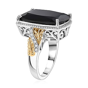 EverTrue Thai Black Spinel and White Zircon 22.70 ctw Leafwork Ring in 18K YG Plated and Platinum Bond (Size 10.0) (Del. in 7-10 Days)