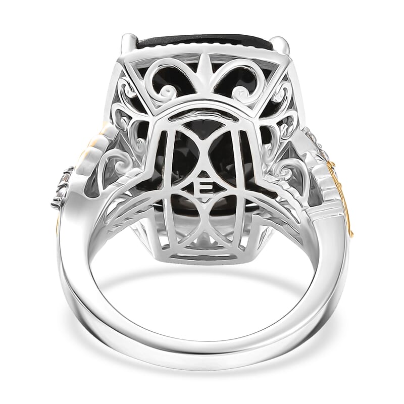 EverTrue Thai Black Spinel and White Zircon 22.70 ctw Leafwork Ring in 18K YG Plated and Platinum Bond (Size 10.0)