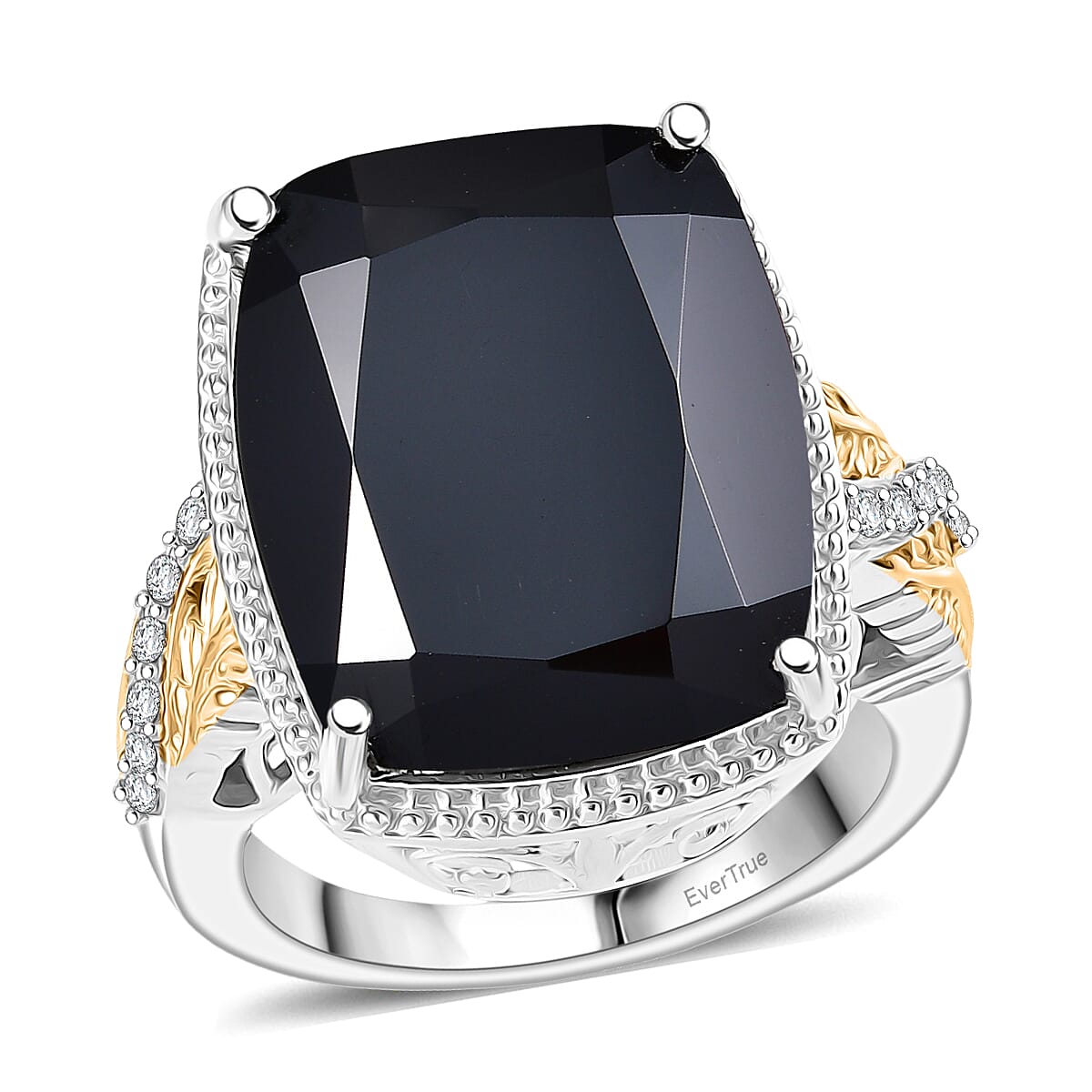 EverTrue Thai Black Spinel, White Zircon Ring in 18K YG Plated and Platinum Bond (Size 10.0) 22.70 ctw