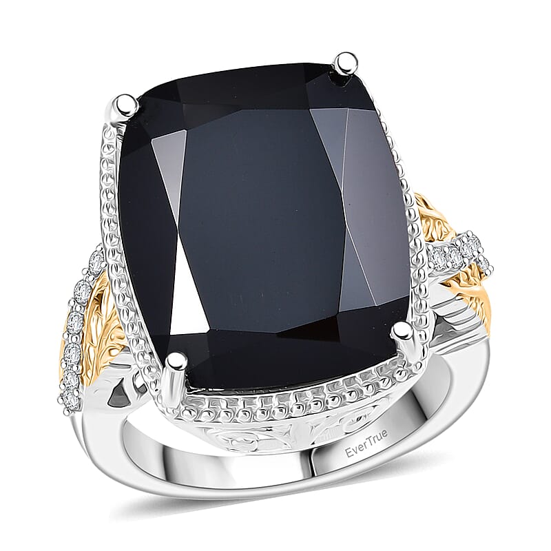 EverTrue Thai Black Spinel and White Zircon 22.70 ctw Leafwork Ring in 18K YG Plated and Platinum Bond (Size 11.0)