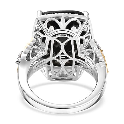 EverTrue Thai Black Spinel and White Zircon 22.70 ctw Leafwork Ring in 18K YG Plated and Platinum Bond (Size 11.0)