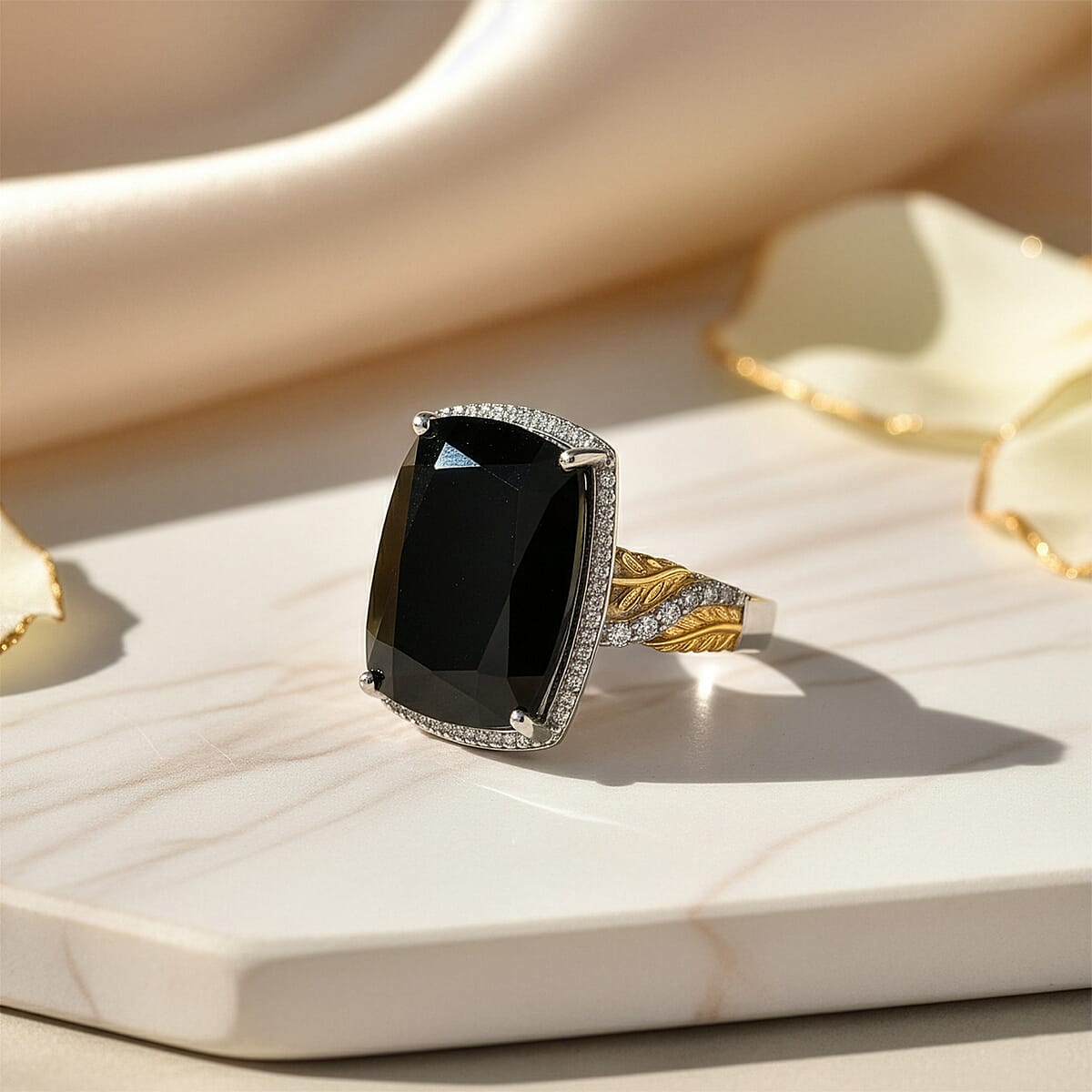 EverTrue Thai Black Spinel and White Zircon 22.70 ctw Leafwork Ring in 18K YG Plated and Platinum Bond (Size 6.0) (Del. in 7-10 Days) image number 1