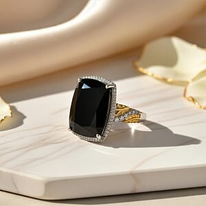 EverTrue Thai Black Spinel and White Zircon 22.70 ctw Leafwork Ring in 18K YG Plated and Platinum Bond (Size 6.0) (Del. in 7-10 Days)