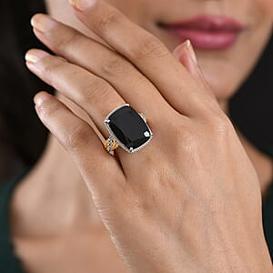 EverTrue Thai Black Spinel and White Zircon 22.70 ctw Leafwork Ring in 18K YG Plated and Platinum Bond (Size 6.0) (Del. in 7-10 Days)