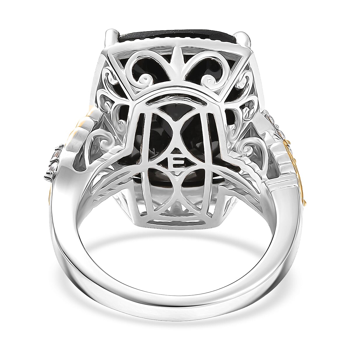 EverTrue Thai Black Spinel and White Zircon 22.70 ctw Leafwork Ring in 18K YG Plated and Platinum Bond (Size 6.0) (Del. in 7-10 Days) image number 4