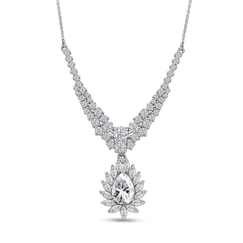 D'Joy Moissanite 4.90 ctw Blooming Lotus Necklace in Rhodium Over Sterling Silver 18-20 Inches