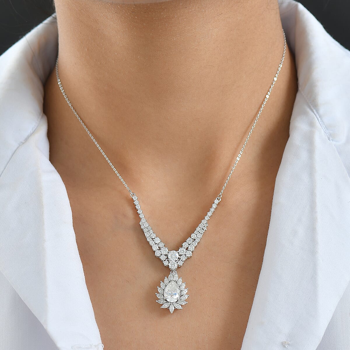 Doorbuster D'Joy Moissanite 4.90 ctw Blooming Lotus Necklace in Rhodium Over Sterling Silver 18-20 Inches image number 2