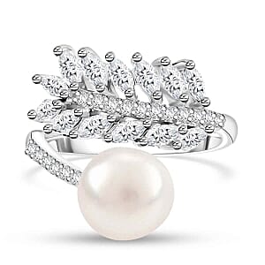 White Fresh Water Pearl and Simulated Diamond 0.60 ctw Ring (Adjustable) in Platinum Bond