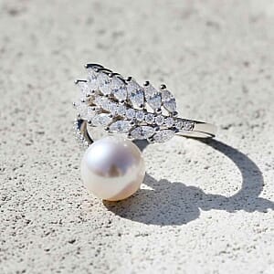 White Fresh Water Pearl and Simulated Diamond 0.60 ctw Ring (Adjustable) in Platinum Bond