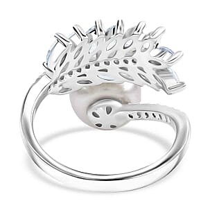 White Fresh Water Pearl and Simulated Diamond 0.60 ctw Ring (Adjustable) in Platinum Bond