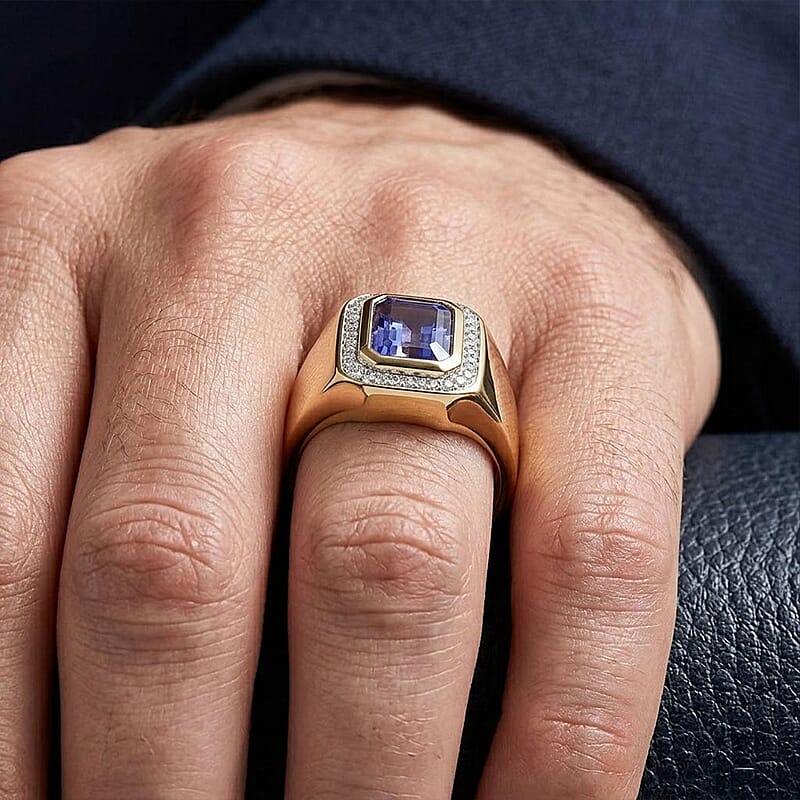 Luxoro Premium Tanzanite, Diamond Halo Men's Ring in 14K Yellow Gold 2.90 ctw (Size 11.0)