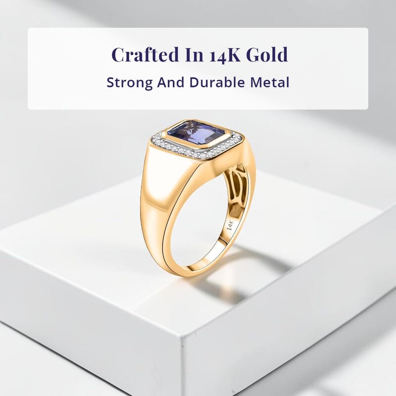 Luxoro Premium Tanzanite, Diamond Halo Men's Ring in 14K Yellow Gold 2.90 ctw (Size 11.0)