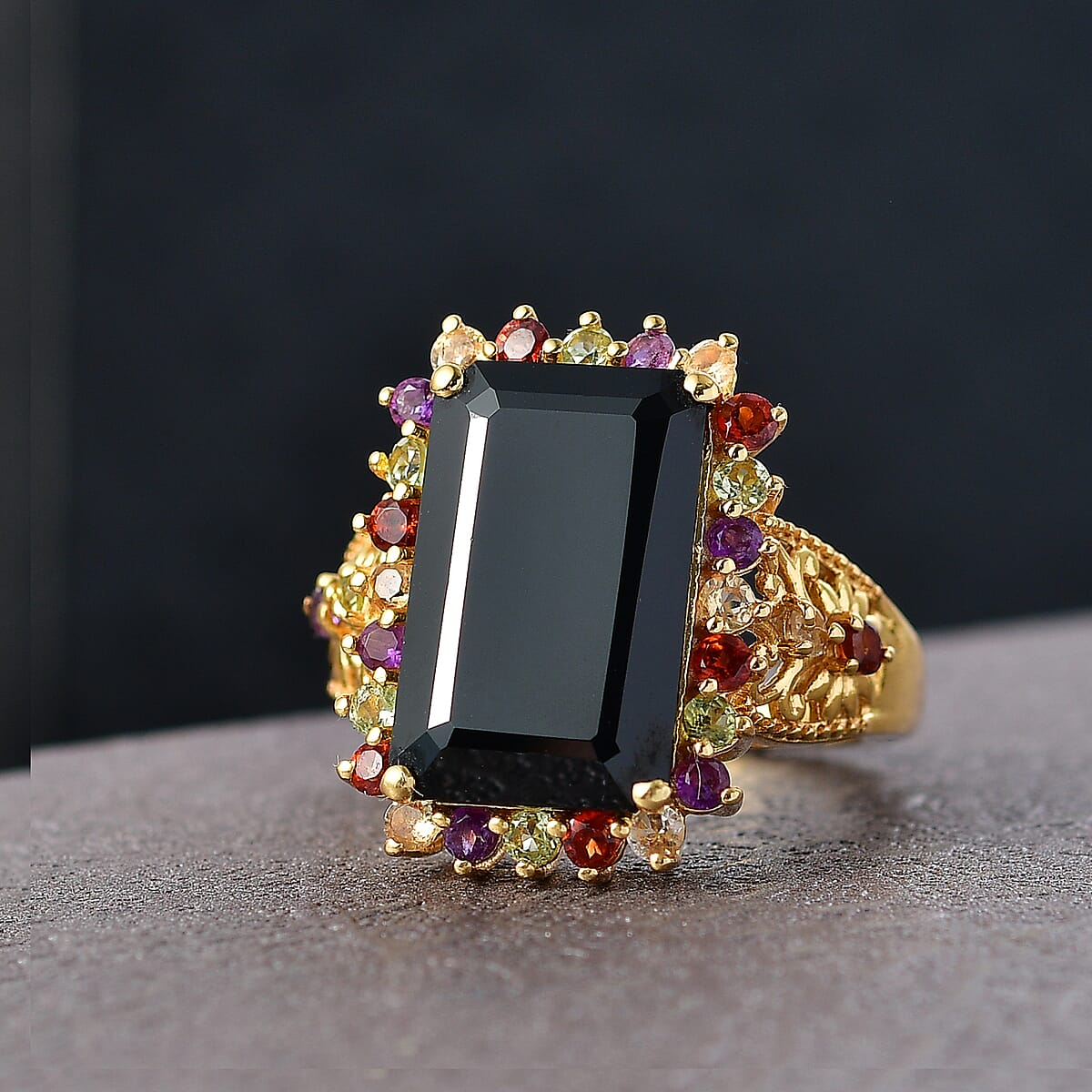 EverTrue Thai Black Spinel, Multi Gemstone Ring in 18K YG Plated (Size 10.0) 11.50 ctw image number 1