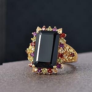 EverTrue Thai Black Spinel and Multi Gemstone 11.50 ctw Night Bloom Ring in 18K YG Plated (Size 10.0) (Del. in 7-10 Days)