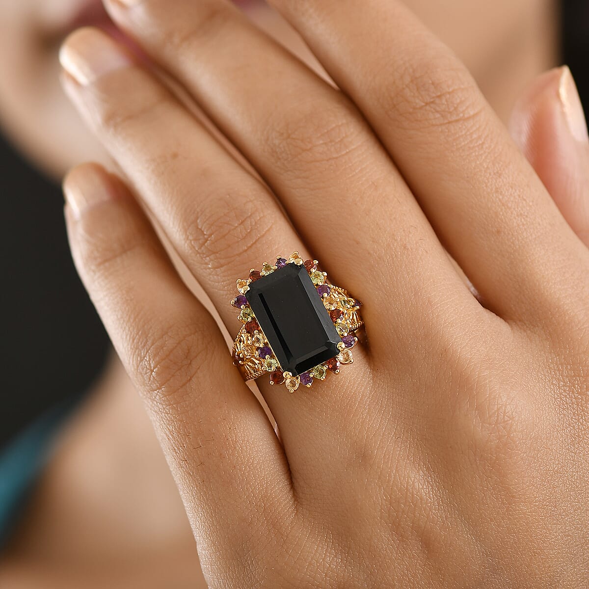 EverTrue Thai Black Spinel and Multi Gemstone 11.50 ctw Night Bloom Ring in 18K YG Plated (Size 11.0) (Del. in 7-10 Days) image number 2