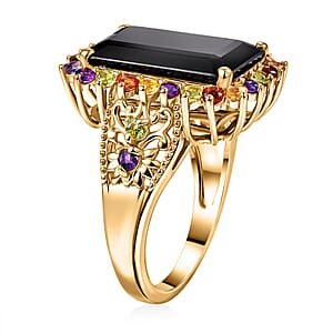 EverTrue Thai Black Spinel and Multi Gemstone 11.50 ctw Night Bloom Ring in 18K YG Plated (Size 11.0) (Del. in 7-10 Days)