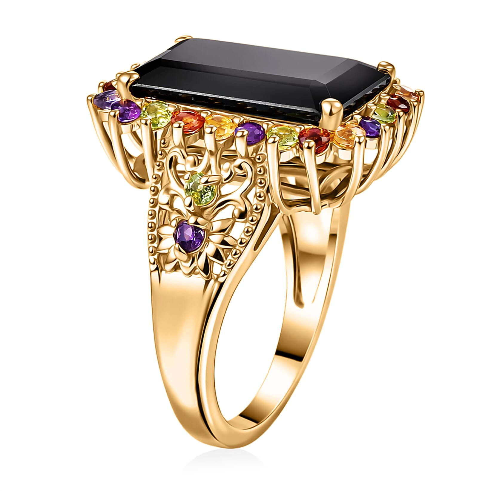 EverTrue Thai Black Spinel and Multi Gemstone 11.50 ctw Night Bloom Ring in 18K YG Plated (Size 9.0)