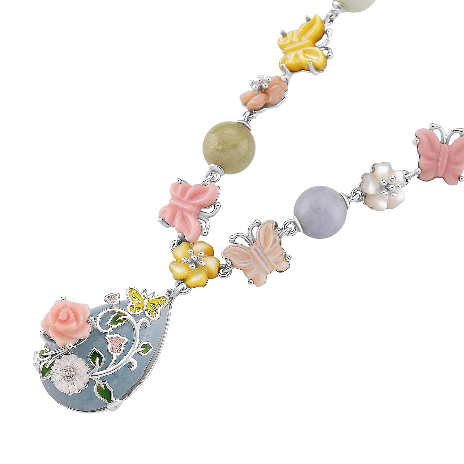 D'Joy Mangoro Aquamarine, Multi Gemstone Necklace in Rhodium Over Sterling Silver 145.40 ctw (20 Inches)