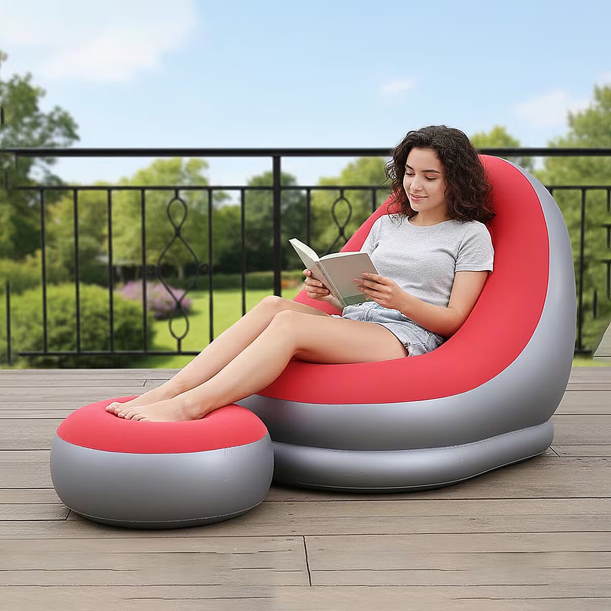 Livmore Inflatable Chair with Ottoman - Red & Silver image number 1