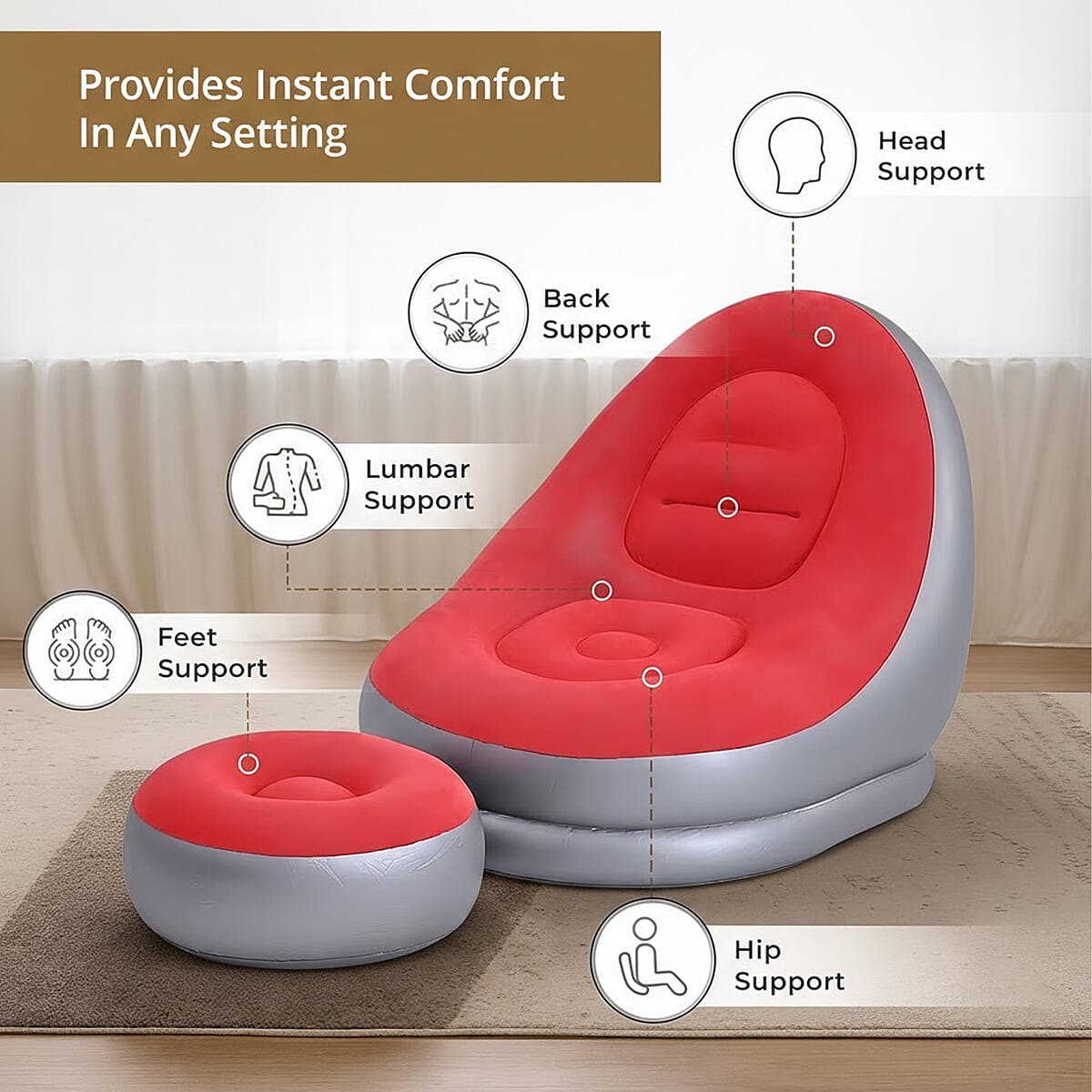 Livmore Inflatable Chair with Ottoman - Red & Silver image number 3
