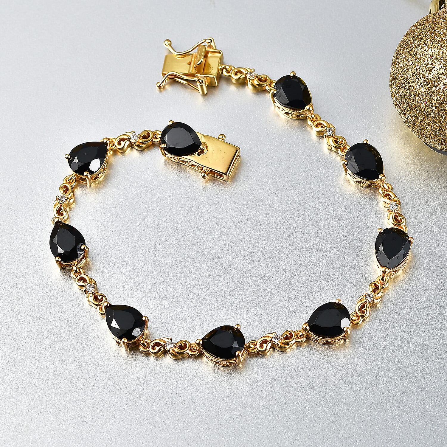 EverTrue Black Spinel and White Zircon 19.30 ctw Midnight Pear Bracelet in 18K YG Plated (8.00 In)