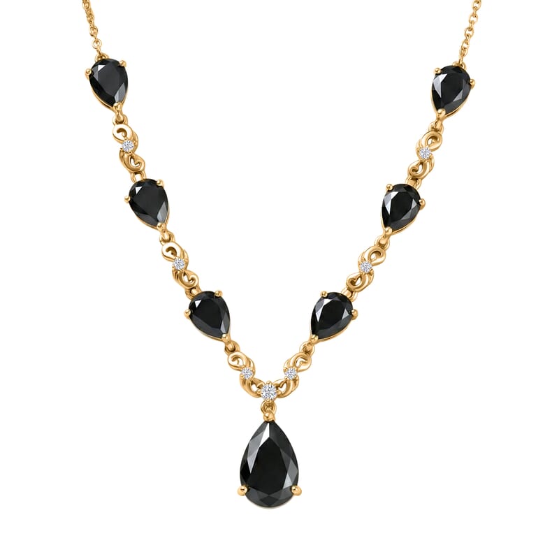 EverTrue Thai Black Spinel and White Zircon 14.35 ctw Midnight Pear Necklace in 18K YG Plated 18-20 Inches