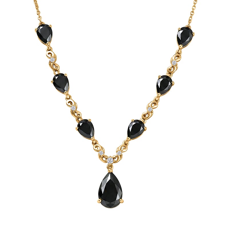 EverTrue Thai Black Spinel and White Zircon 14.35 ctw Midnight Pear Necklace in 18K YG Plated 18-20 Inches