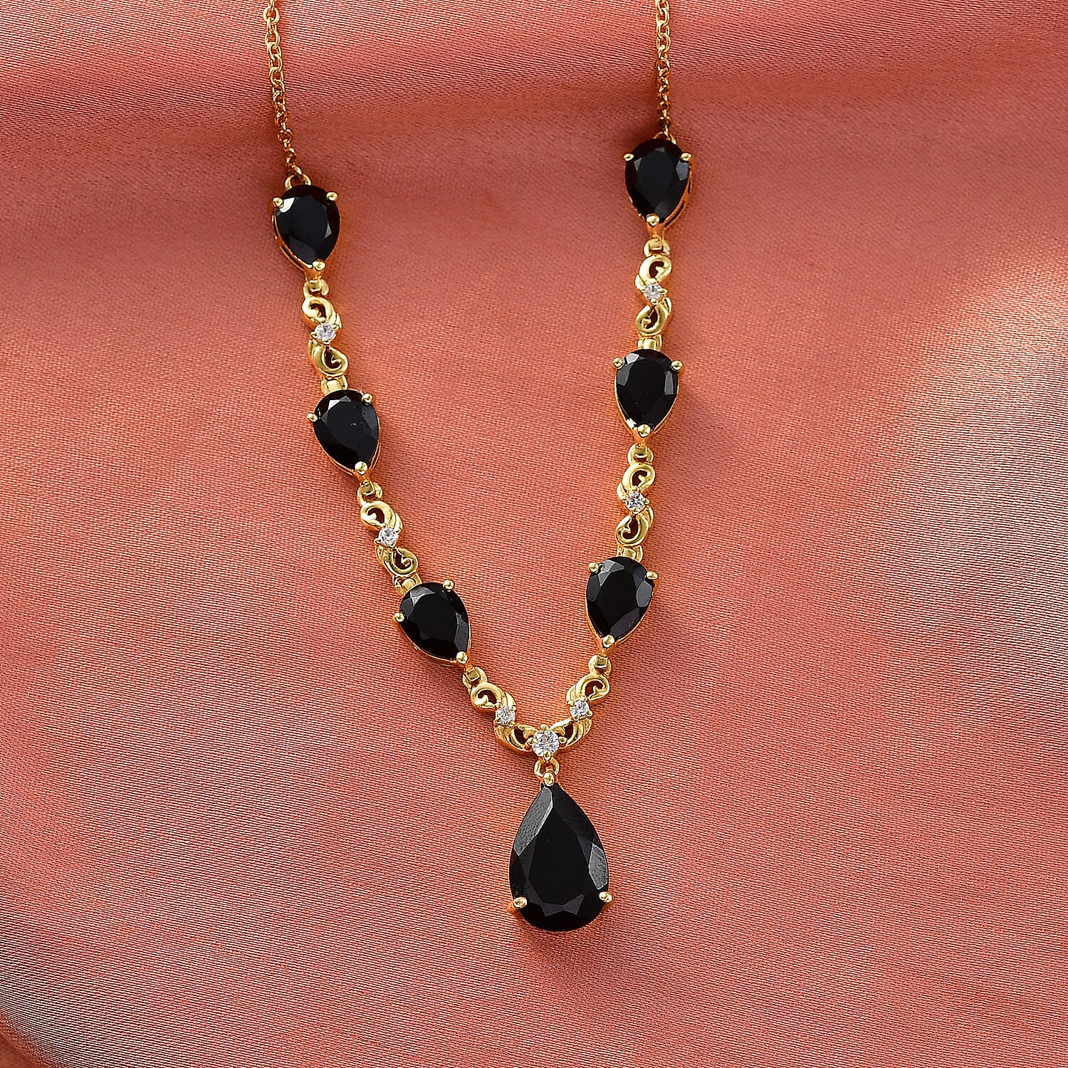 EverTrue Thai Black Spinel and White Zircon 14.35 ctw Midnight Pear Necklace in 18K YG Plated 18-20 Inches