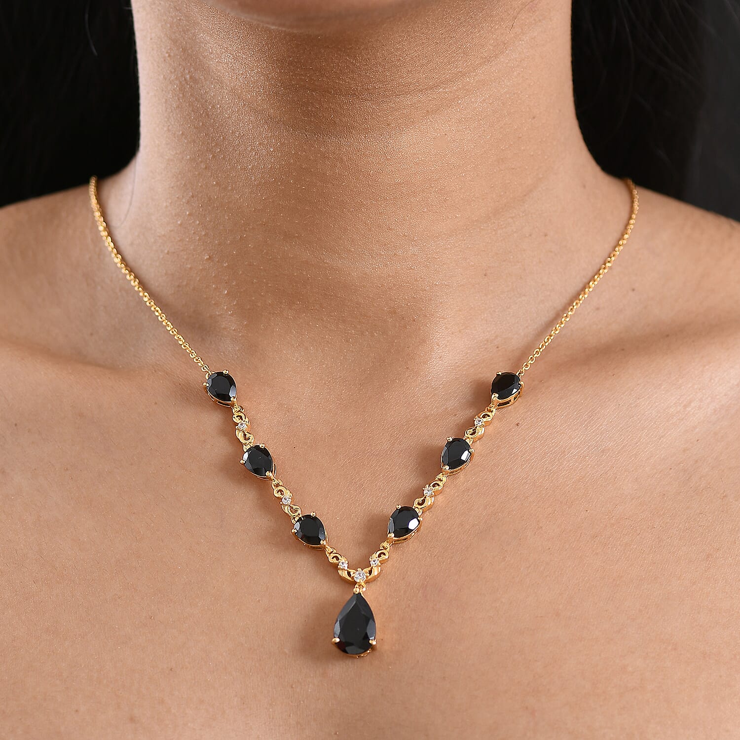 EverTrue Thai Black Spinel and White Zircon 14.35 ctw Midnight Pear Necklace in 18K YG Plated 18-20 Inches