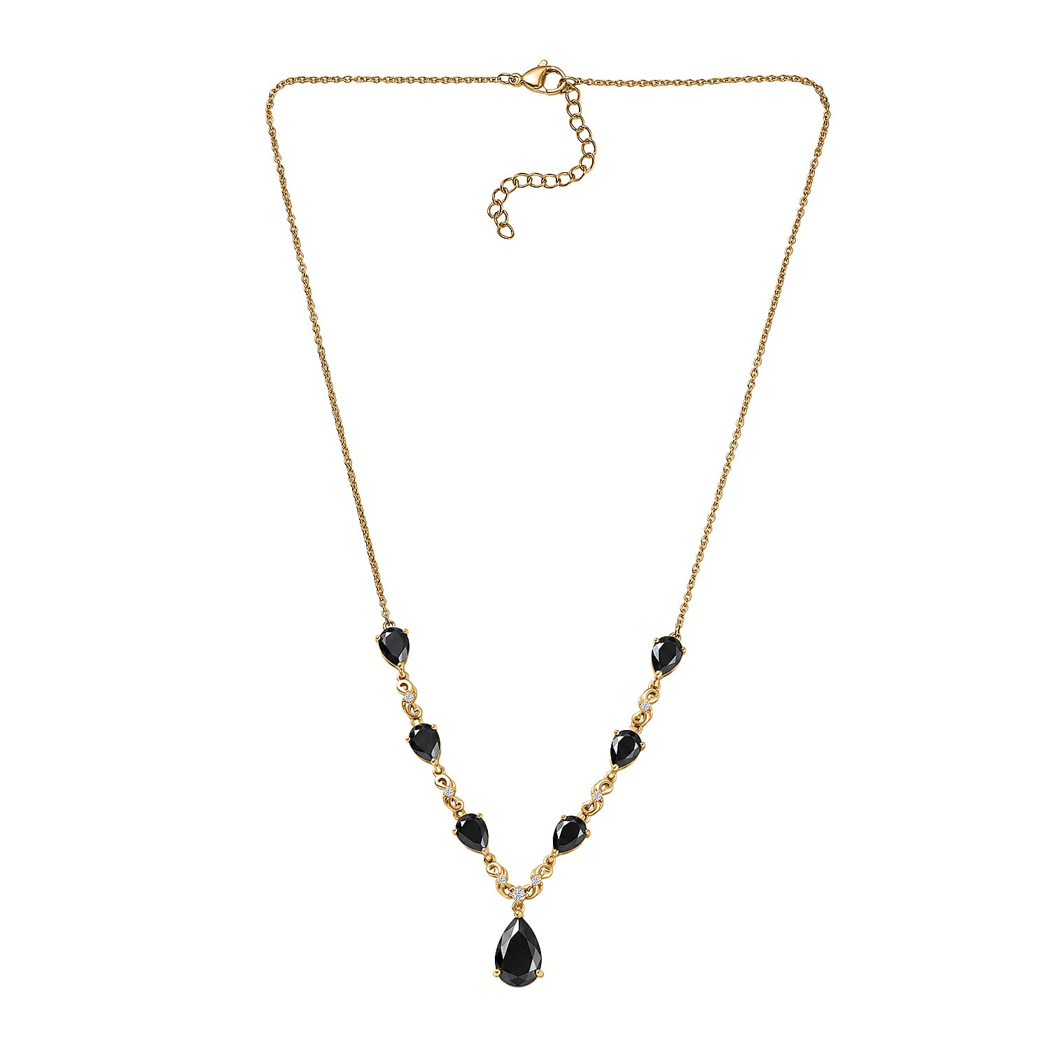 EverTrue Thai Black Spinel and White Zircon 14.35 ctw Midnight Pear Necklace in 18K YG Plated 18-20 Inches