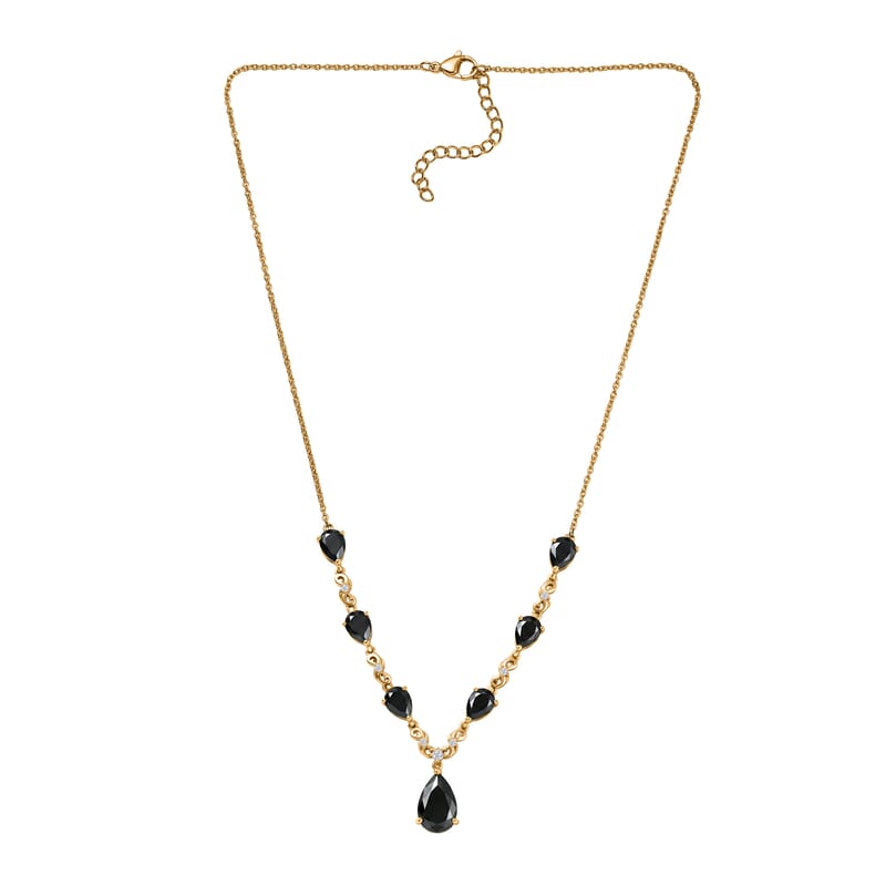 EverTrue Thai Black Spinel and White Zircon 14.35 ctw Midnight Pear Necklace in 18K YG Plated 18-20 Inches