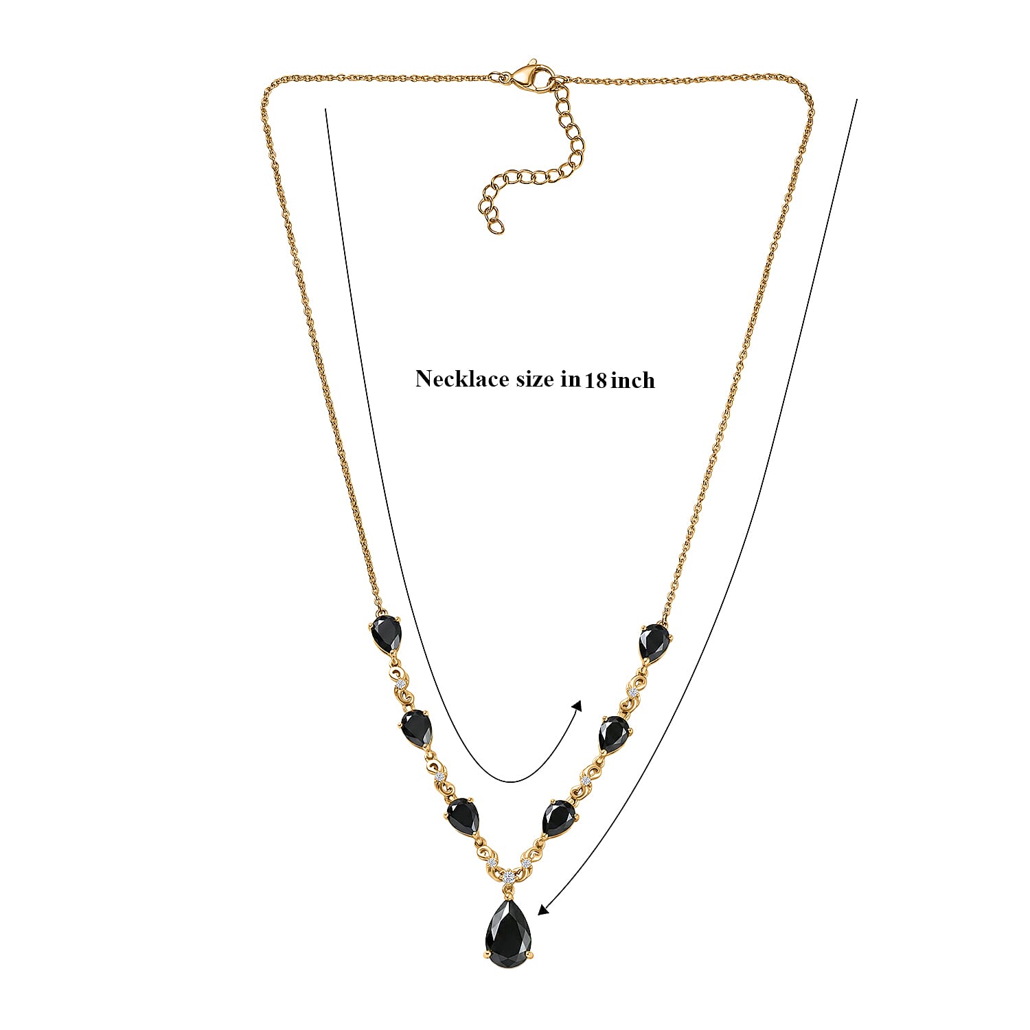 EverTrue Thai Black Spinel and White Zircon 14.35 ctw Midnight Pear Necklace in 18K YG Plated 18-20 Inches