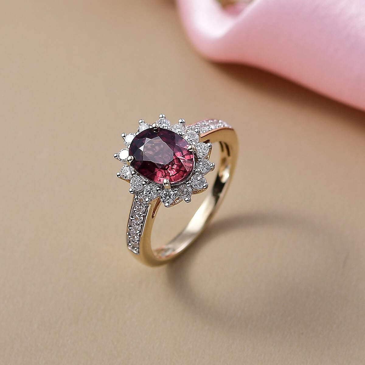 AAA Raspberry Zircon and Luxuriant Lab Grown Diamond G-H SI 3.51 ctw Ring in 10K Yellow Gold (Size 6.0) image number 1